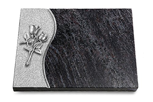 MEMORUM Grabmale Grabtafel, Grabplatte, Grabstein, Grabkissen, Urnengrabstein, Liegegrabstein Modell Wave 40 x 30 x 3-4 cm Orion-Granit, poliert inkl. Gravur (Aluminium-Ornament Rose 11) von MEMORUM Grabmale