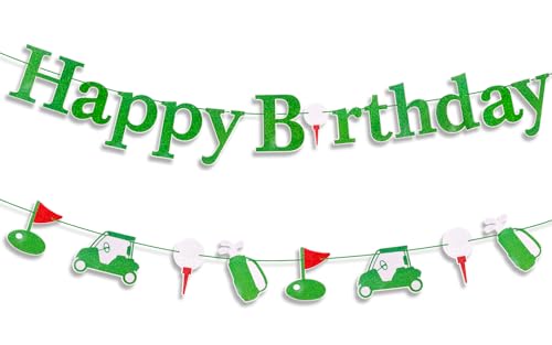 MEMOVAN Golf Happy Birthday Banner Golf Themed Birthday Banner Girlande Grün Glitzer Geburtstag Dekorationen Happy Sign für Sport Ruhestand Golfer Par-Tee Time Babyparty von MEMOVAN