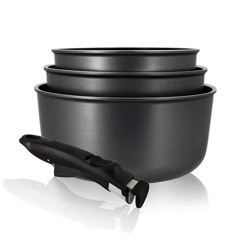MENASTYL - 4-teiliges Set – 3 Töpfe 16/18/20 cm + 1 abnehmbarer Griff – 6020284 – Töpfe aus Aluminium, geeignet für alle Herdarten einschließlich Induktion von MENASTYL