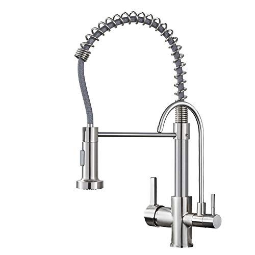 MENATT Luftreiniger Küchenarmatur, kommerzielle 3-in-1 Frühling Trinkwasser Wasserhahn, herausziehbarer Wasserfilter Küchenspüle Armaturen (gebürstetes Nickel) von MENATT