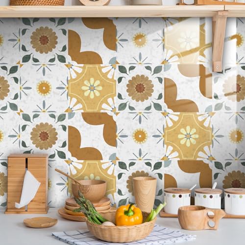 20 stück Mosaik Bodenaufkleber, Bunt Fliesenaufklebe, Verschiedene DIY Marokkanischer Fliesenaufkleber, Wasserdicht Selbstklebende Fliesensticker, für Küche Wohnzimmer (10 X 10 CM, H) von MENAYODA