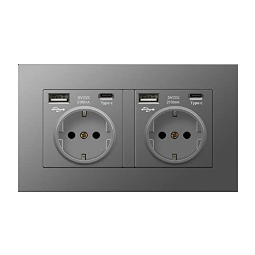 Gla Schuko Steckdose mit USB Ports & Type-C,Wand Steckdose Unterputz Schutzkontakt Wandsteckdose (2AC+2USB+2Type-C, Grau) von MENAYODA