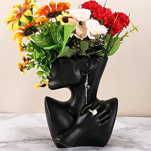 Kreativität Gesicht Vasen Deko, MENAYODA Moderne Vase Gesicht Statue Keramik Blumentopf Kopf Kunstverzierung Haus Dekoration Blumenvasen für Pampasgras Wohnzimmer Schlafzimmer (Schwarz) von MENAYODA