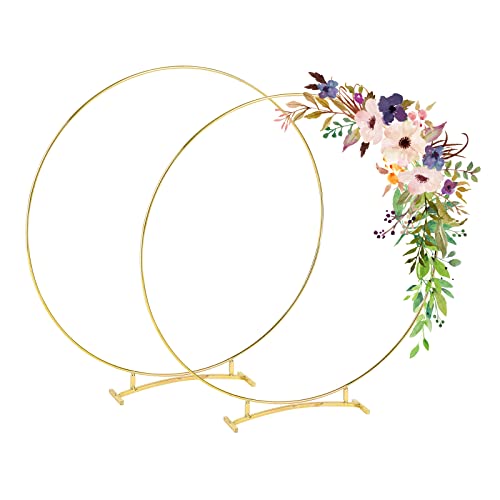 MENAYODA 2 Stück Metall Floral Hoop Mittelstück für Tisch, Gold Metallring Makramee Ringe mit Ständer Blumenreifen Kranz für DIY Hochzeit Handwerk Party Tischdekoration (Gebogener Sockel) von MENAYODA