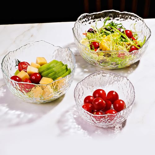 MENAYODA 3-teiliges Set Glas-Salatschüssel, Unregelmäßig Geformte Glas-Servier-Salat-Rührschüssel, Transparente Stapelbare Salat-tiefe Rührschüsseln für Pasta, Dessert, Popcorn, Obst von MENAYODA
