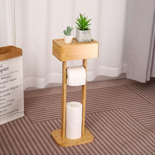 MENAYODA Tilettenpapierhalter Stehend mit oberem Aufbewahrungbox,Bambus Klopapierhalter Toilettenpapier Aufbewahrung Feuchttücherbox Klorollenhalter Badezimmer Regal von MENAYODA