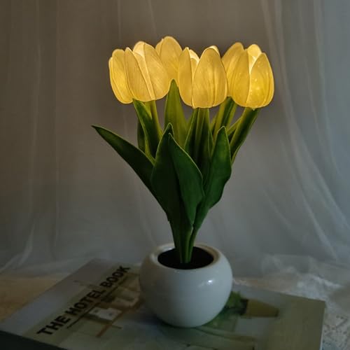 MENAYODA Tulip Night Light,Tulpenlampe Künstliche Blumen mit LED-Licht,Simulation Tulpe Nachtlicht mit Vase,Tulpenlampen Haus Dekoration Geburtstag Geschenke für Mädchen (Weiß) von MENAYODA