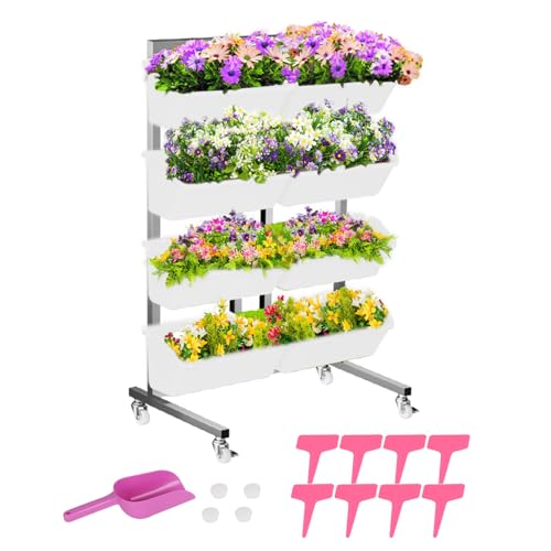 Mobiler Vertikales Hochbeet, Vertikalbeet mit 8 Blumenkästen, 4 Etagen Vertikaler Pflanzenständer mit Rädern, Edelstahl Garden Vertikalbeet für Blumen, Gemüse, für Terrasse, Balkon (Weiß) von MENAYODA