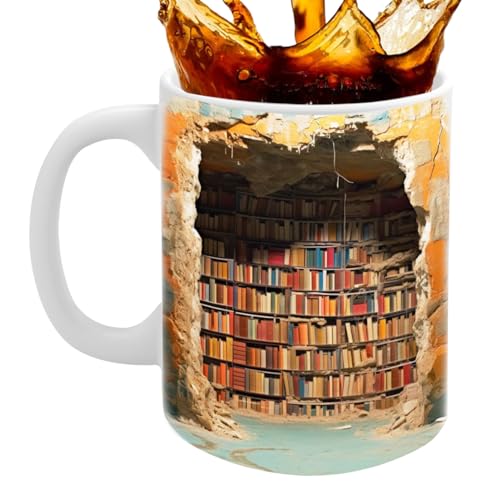 3D Bücherregal Kaffeetasse Tasse, 350ml Keramik Becher Book LoversRegal Bücherliebhaber Getränkebecher Milchbecher Beidseitig Bedruckt Für Buchliebhaber Kaffee, Tee, Milch Geschenke von MENDIA