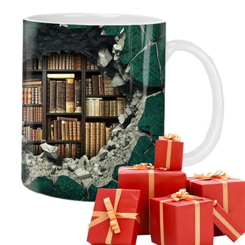 3D Bücherregal Tasse, Book Lovers Keramik Tasse, 350ml Kaffeetasse Bücher Regal Bücherliebhaber Getränkebecher Milchbecher Beidseitig Bedruckt Für Buchliebhaber Kaffee, Tee, ilch von MENDIA