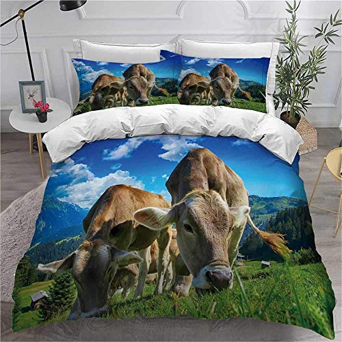 MENGBB 3D Bettbezug Bettwäsche Set Berge Grün Kühe Tiere, 135x200cm Gesamt 4 Größen, Bettwäsche-Set mit Reißverschluss, Bettbezug + 2 x Kissenbezügen 80x80cm, Mikrofaser Super Weiche Hypoallergenic Be von MENGBB