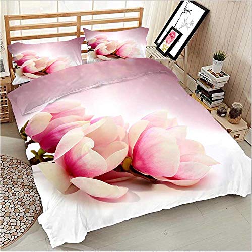 MENGBB 3D Bettbezug Bettwäsche Set Blumen Magnolie rosa schön idyllisch, 135x200cm Gesamt 4 Größen, Bettwäsche Bettbezug Set, 3D Mikrofaser mit Reißverschluss 1 Bettbezug + 2 Kissenbezug für Kinder, J von MENGBB