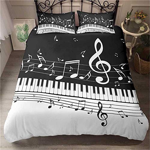 MENGBB 3D Bettbezug Bettwäsche Set Schwarz weiß romantisch Musik Klavier Noten, 135x200cm Gesamt 4 Größen, Bettwäsche-Set mit Reißverschluss, Bettbezug + 2 x Kissenbezügen 80x80cm, Mikrofaser Super We von MENGBB