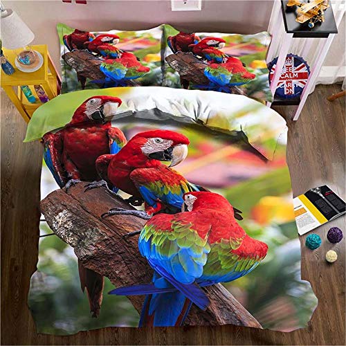 MENGBB 3D Bettbezug Bettwäsche Set Stamm Tier Papagei rot schön, 135x200cm Gesamt 4 Größen, Bettwäsche-Set mit Reißverschluss, Bettbezug + 2 x Kissenbezügen 80x80cm, Mikrofaser Super Weiche Hypoallerg von MENGBB