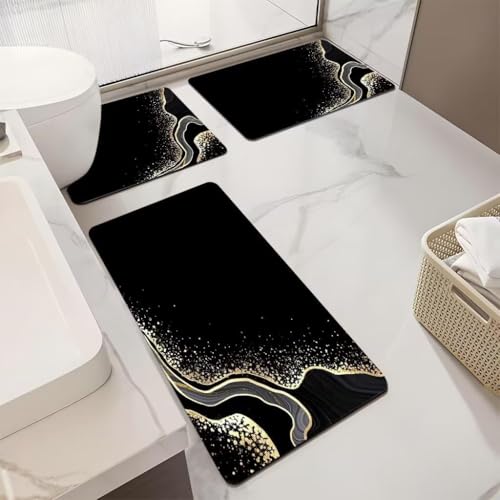 Badezimmermatte Schwarzes Gold Abstract Bad Vorleger Diatomite Bath Mat Wasseraufnahme rutschfeste Badematte Fußmatte Duschvorleger WC Teppich Waschbar Badezimmerteppich (60x90cm), W von MENGCH