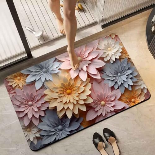 MENGCH Badezimmerteppich 40X60Cm Bunte Blumen Badteppich rutschfest Waschbar,Duschvorleger Schnelltrocknend,Stein Badematte,Diatomite Stone Bath Mat,Super Absorbierende Badvorleger, W,50X80CM von MENGCH