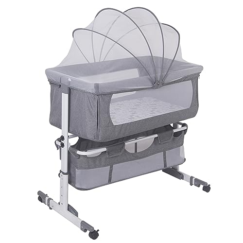 MENGDA Baby Beistellbett Babybetten, Babywiege Reisebett mit Rollen Kinderbett Neigbar Höhenverstellung, Babybett mit weich Matratze & Moskitonetz (Hellgrau) von MENGDA