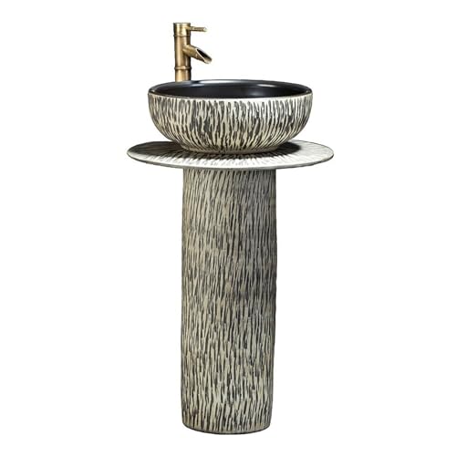 Standwaschbecken Außenbalkon-Terrassen-Sockelwaschbecken, handgeschnitztes Vintage-Sockelwaschbecken aus Keramik, 3-teiliges Standwaschbecken-Set mit Kupferhahn und Abflussset von MENGLI-2024