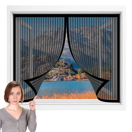 Fliegengitter Fenster Magnete 175 x 89 cm Insektenschutz Fenstervorhang Fliegenschutz Ohne Bohren Atmungsaktiv Selbstschließend für Fensteren Patio, Schwarz von MENGXUAN