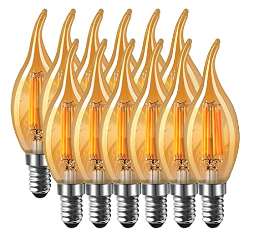 MENTA 12er-Pack 6W E14 Kerze LED Lampe, Bernstein Glas, Vintage Lampe, 6W (ersetzt 60W), 600lm, Warmweiß 2700K, Kerzenform Filament LED Leuchtmittel, Classic Kerze Glühbirne, Flamme, Nicht Dimmbar von MENTA