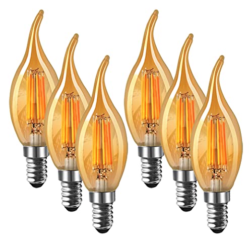 MENTA 6er-Pack 6W E14 Kerze LED Lampe, Bernstein Glas, Vintage Lampe, 6W (ersetzt 60W), 600lm, Warmweiß 2700K, Kerzenform Filament LED Leuchtmittel, Classic Kerze Glühbirne, Flamme, Nicht Dimmbar von MENTA