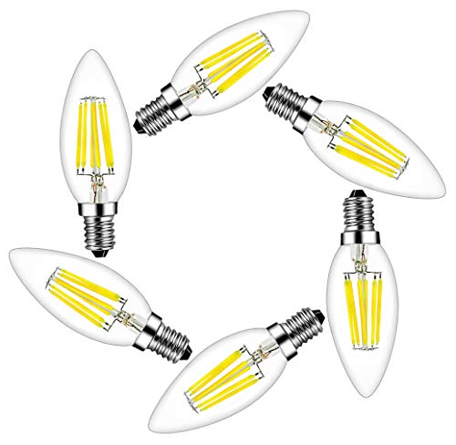 MENTA 6W E14 Filament LED Glühfaden LED Kerze Lampe 600LM, 6500K Kaltweiß, 6W ersetzt 60W, E14 Classic Kerze Filament, Filament Fadenlampe, Retro, Klar, Glas, Nicht dimmbar, 2 Jahre Garantie, 6er-Pack von MENTA