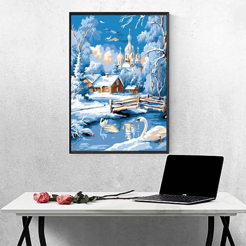 Haus Diamond Painting Schwan Diamant Painting Bilder Erwachsene Bastelset, DIY Diamond Art Runder Vollbohrer Diamanten Kinder Malerei Stickerei Kreuzstich, Dekoration, Geschenk （60x80cm） PJY1 4-7 von MEOSUEWI