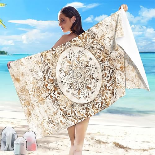 Strandtuch XXL 90x180 cm Beige Strandmatte Sandfreies Schnell Trocknendes Vielseitiges, Weiches Leichtes Mikrofaser Strandtuch Damen Herren für Reise Urlaub Campin, mit Tasche Stranddecke Mandala 6-N Strandtuch XXL 90x180 cm Beige Strandmatte Sandfreies Schnell Trocknendes Vielseitiges, Weiches Leichtes Mikrofaser Strandtuch Damen Herren für Reise Urlaub Campin, mit Tasche Stranddecke Mandala 6-N von MEOSUEWI