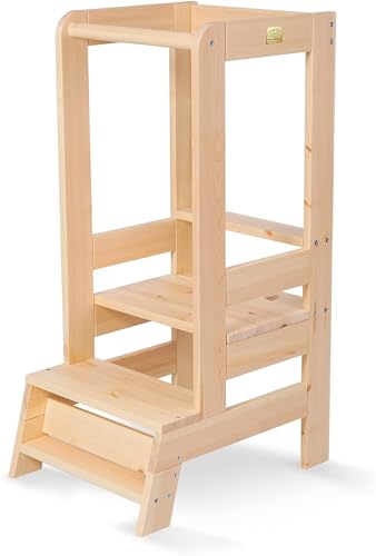 MEOWBABY Lernturm für Kinder - Baby Montessori Verstellbar Learning Tower aus Natur Holz, Kleinkind Stabil Lernstuhl für Küche, Babys Sicher und Praktisch Küchenturm, Natur von MEOWBABY