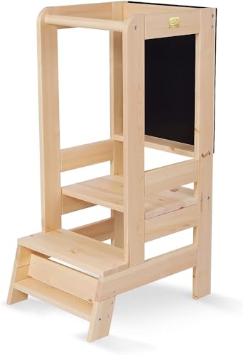 MEOWBABY Lernturm für Baby Kinder Trittschemel Mit Einer Tafel Kinder Schemel aus Holz Lernstuhl Montessori Küchenhelfer Naturholz Learning Tower von MEOWBABY