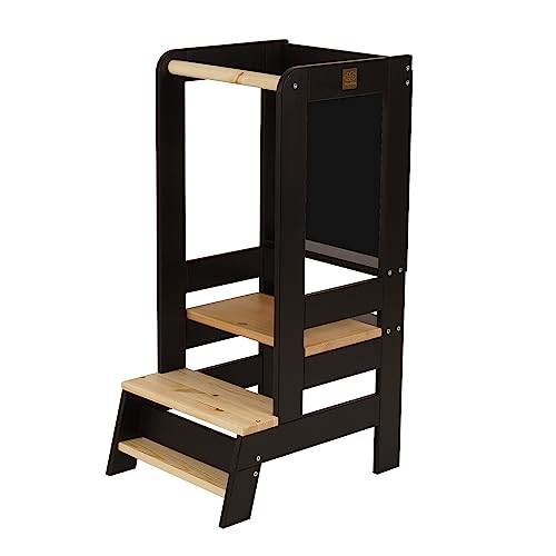 MEOWBABY Lernturm für Kinder - Baby Montessori Verstellbar Learning Tower aus Natur Holz mit Tafel, Kleinkind Stabil Lernstuhl für Küche, Babys Sicher und Praktisch Küchenturm, Schwarz-Natur von MEOWBABY