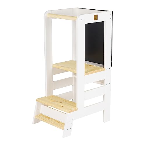 MEOWBABY Lernturm für Kinder - Baby Montessori Verstellbar Learning Tower aus Natur Holz mit Tafel, Kleinkind Stabil Lernstuhl für Küche, Babys Sicher und Praktisch Küchenturm, Weiß-Natur von MEOWBABY