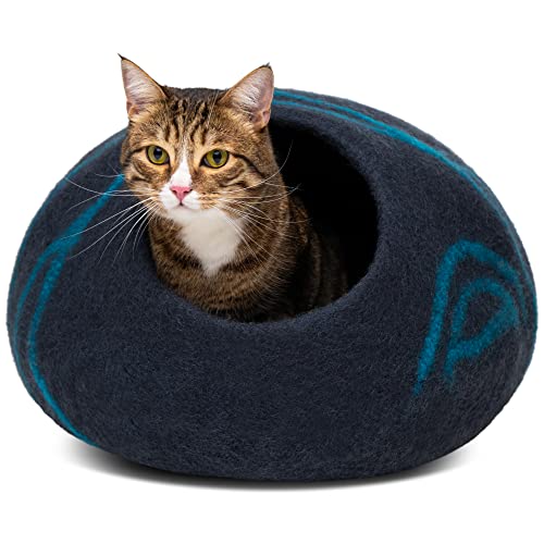 MEOWFIA Katzenbett Höhle – Umweltfreundliche Betten aus 100% Merinowolle für Katzen und Kätzchen (L, Schwarzes Aqua) von MEOWFIA