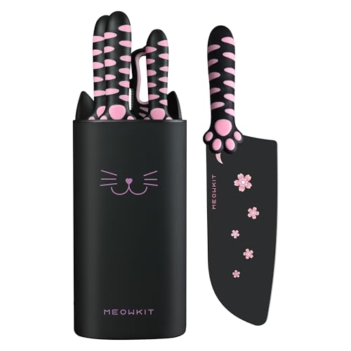 Messerblock Set, 5-teiliges Schärfer Küchenmesser Set Edelstahl, Süßes Messerset mit Abnehmbarem Block und Schere Katzenform, Schwarz Rosa von MEOWKIT