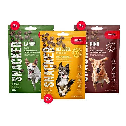 MERA Snacker Mix-Pack ohne Getreide (6 x 200g), herzhaft softe Hundeleckerli für Training oder als Snack, mit Geflügel, Lamm und Rind von MERA