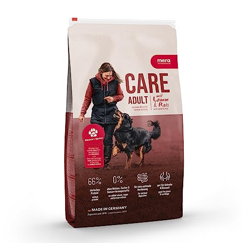 MERA Care Adult mit Lamm & Reis 3x1kg, Hundetrockenfutter für normal aktive Hunde jeder Rasse, mit 66% tierischem Protein, ohne Weizen von MERA