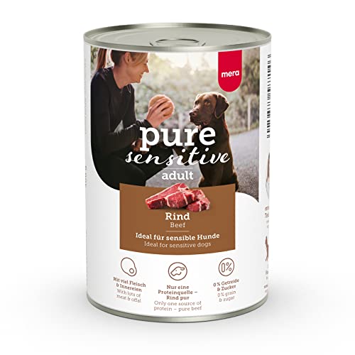 MERA Pure Sensitive Rind (6x400g), Hundefutter nass mit hohem Fleischanteil und getreidefrei, Nassfutter aus 100% tierischem Protein für Sensible Hunde, Single Protein MERA Pure Sensitive Rind (6x400g), Hundefutter nass mit hohem Fleischanteil und getreidefrei, Nassfutter aus 100% tierischem Protein für Sensible Hunde, Single Protein von MERA