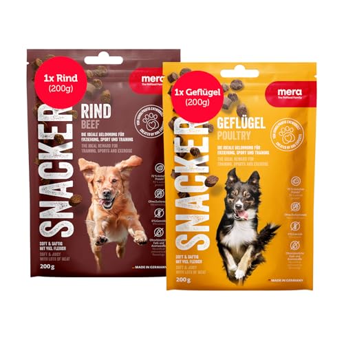 MERA Snacker Geflügel & Rind (je 1 x 200g), weiche Hundeleckerli getreidefrei | Hunde Leckerlis ideal fürs Training oder als Hundesnack | kalorienarme Leckerli Hund | Soft Dog Treats von MERA