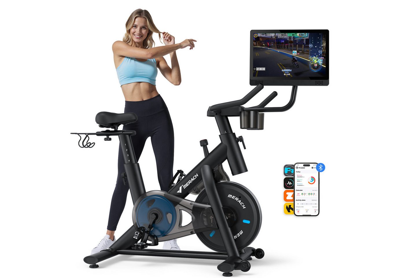 MERACH Fitnessbike Heimtrainer Fahhrad für Zuhause, leises Fitnessbike mit Tablet-Halter, (Fahrradtrainer mit HD-Screen, Bluetooth, Kinomap&Zwift kompatibel, 1-tlg., Stationäres Fahrrad mit verstellbare Sitz, Wasserflasche-Halter), Magnetischer Widerstand, 8 Widerstandsstufen, bis 136 KG belastbar MERACH Fitnessbike Heimtrainer Fahhrad für Zuhause, leises Fitnessbike mit Tablet-Halter, (Fahrradtrainer mit HD-Screen, Bluetooth, Kinomap&Zwift kompatibel, 1-tlg., Stationäres Fahrrad mit verstellbare Sitz, Wasserflasche-Halter), Magnetischer Widerstand, 8 Widerstandsstufen, bis 136 KG belastbar von MERACH