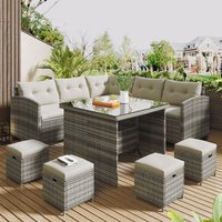 Gartenlounge-Set Polyrattan Lounge für 9 Personen, 5er Ecksofa, 1xTisch mit Glas, 4x Hocker mit Kissen, Braunsitzgruppen für den garten, von MERAX