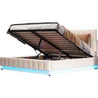 Hydraulisches Boxspringbett mit Bettkasten und LED-Beleuchtung, Polsterbett mit höhenverstellbarem Kopfteil und Metalllattenrost, Straumbett von MERAX