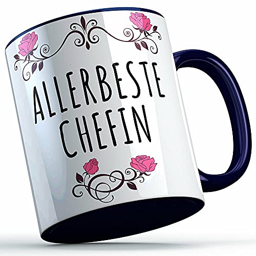 Allerbeste Chefin Tasse mit Spruch Beste Chefin Geschenk Arbeit Abschied Danke Lustig lustige Sprüchetasse (5 Farben), Farbe: Blauer Henkel von MERCHIFY