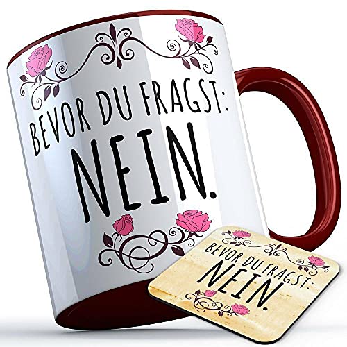 Bevor du fragst nein Tasse mit Untersetzer Spruch Sarkasmus sarkastisches Geschenk Kollegen Arbeit Lustig lustige Sprüchetasse (5 Farben), Farbe: Burgunder Henkel von MERCHIFY