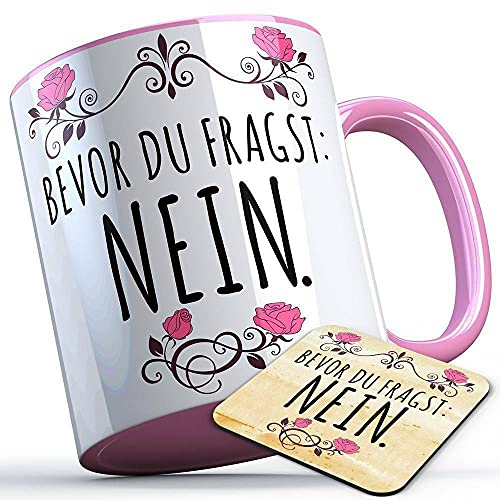 Bevor du fragst nein Tasse mit Untersetzer Spruch Sarkasmus sarkastisches Geschenk Kollegen Arbeit Lustig lustige Sprüchetasse (5 Farben), Farbe: Rosa Henkel von MERCHIFY