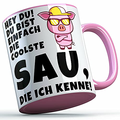 Hey du, du bist einfach die coolste Sau, die ich kenne Tasse mit Spruch Freundschaft Geschenk lustige Sprüchetasse (5 Farben), Farbe: Rosa Henkel von MERCHIFY