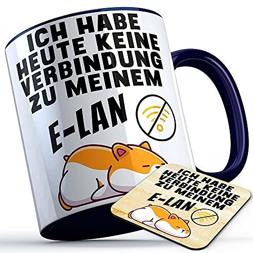 Ich habe heute kein Verbindung zu meinem E-LAN Tasse mit Untersetzer Sarkasmustasse fauler Hamster Beruf Kollegen Kollegin Firma Chef Geschenk lustige Sprüchetasse (5 Farben), Farbe: Blauer Henkel von MERCHIFY