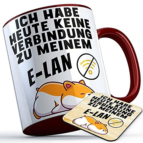 Ich habe heute kein Verbindung zu meinem E-LAN Tasse mit Untersetzer Sarkasmustasse fauler Hamster Beruf Kollegen Kollegin Firma Chef Geschenk lustige Sprüchetasse (5 Farben), Farbe: Burgunder Henkel von MERCHIFY