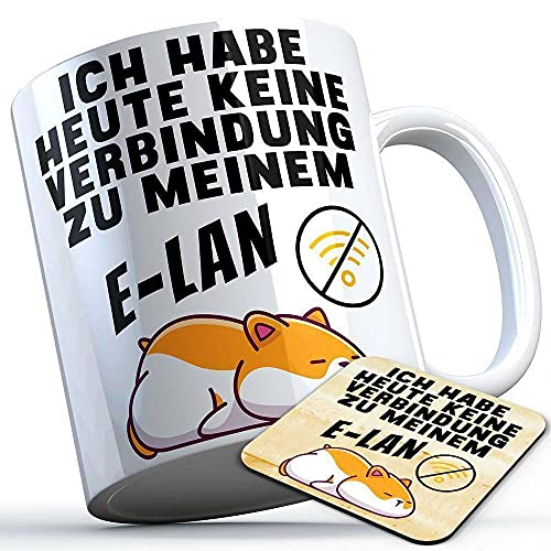 Ich habe heute kein Verbindung zu meinem E-LAN Tasse mit Untersetzer Sarkasmustasse fauler Hamster Beruf Kollegen Kollegin Firma Chef Geschenk lustige Sprüchetasse (5 Farben), Farbe: Weißer Henkel von MERCHIFY