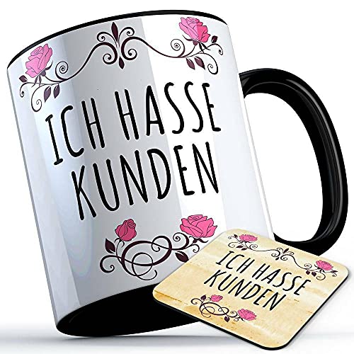 Ich hasse Kunden Tasse mit Untersetzer Sarkasmustasse Beruf Kollegen Kunde Einzelhandel Kollege Kollegin Firma Geschenk lustige Sprüchetasse (Farbe Schwarz) von MERCHIFY