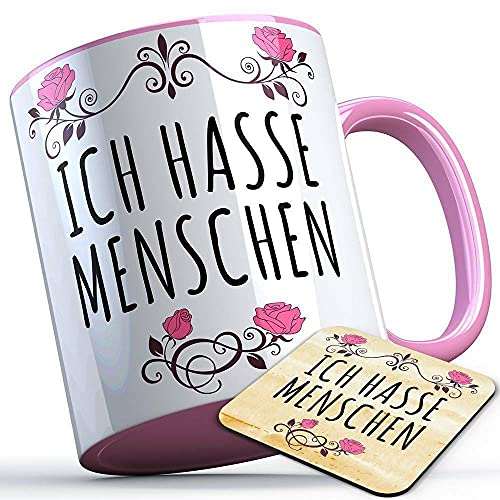 Ich hasse Menschen Tasse mit Untersetzer Sarkasmustasse Beruf Kollegen Kunde Einzelhandel Kollege Kollegin Firma Geschenk lustige Sprüchetasse (5 Farben), Farbe: Rosa Henkel von MERCHIFY